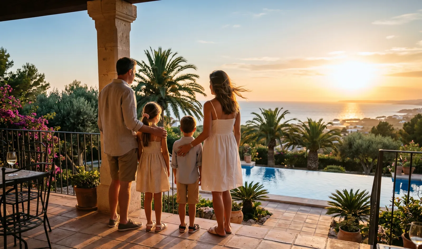 An international family enjoying their new Mediterranean home in Spain at golden hour