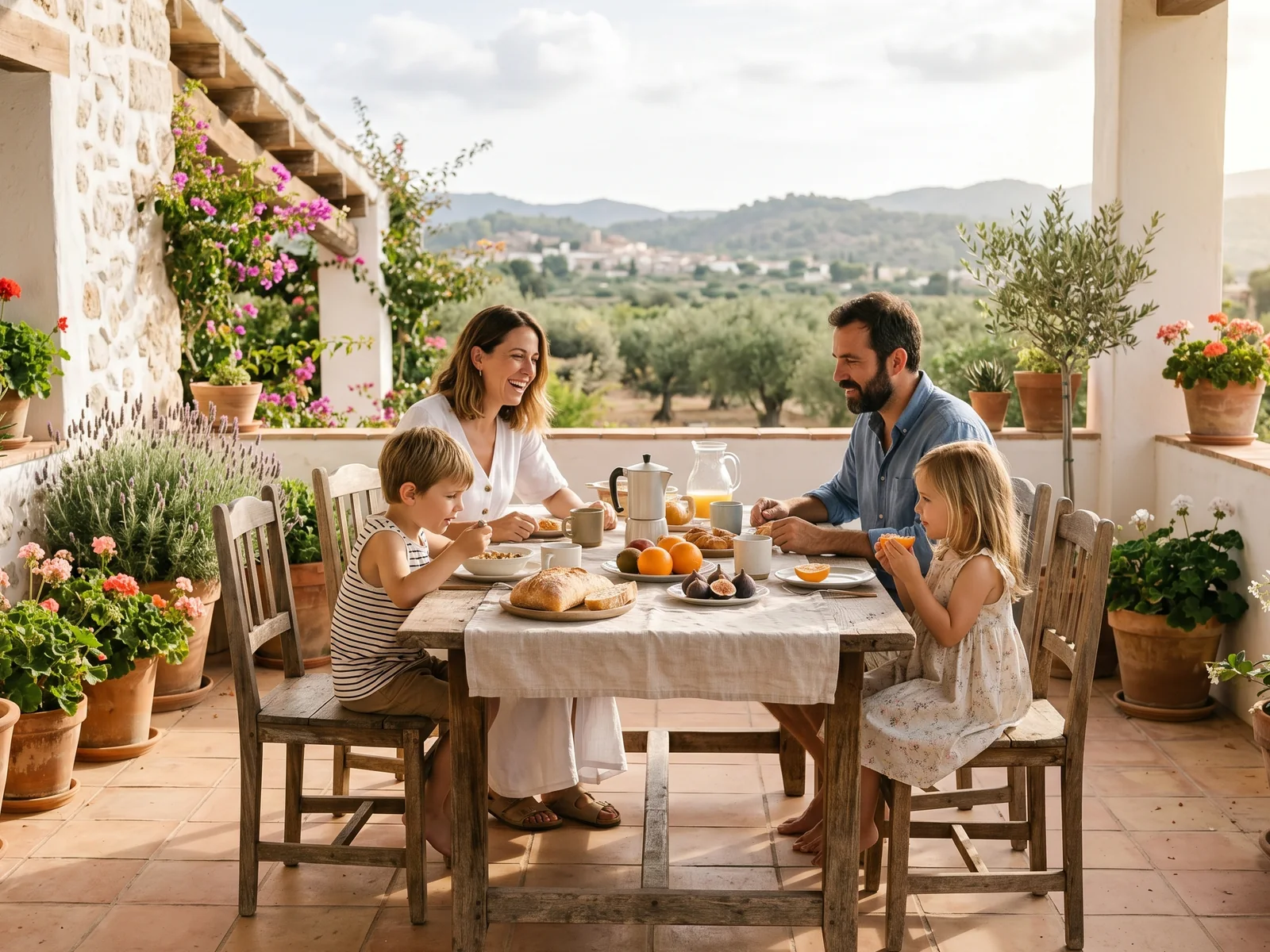 A relaxed family enjoying a sunny morning breakfast on the terrace of their Spanish home – an effortless transition into Mediterranean life