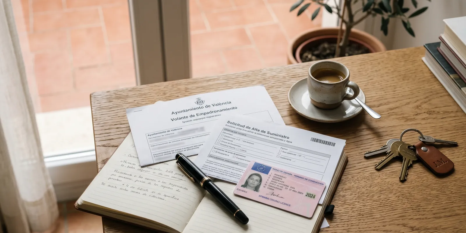 Keys, a Spanish residency document and registration paperwork on a desk by a sunlit window