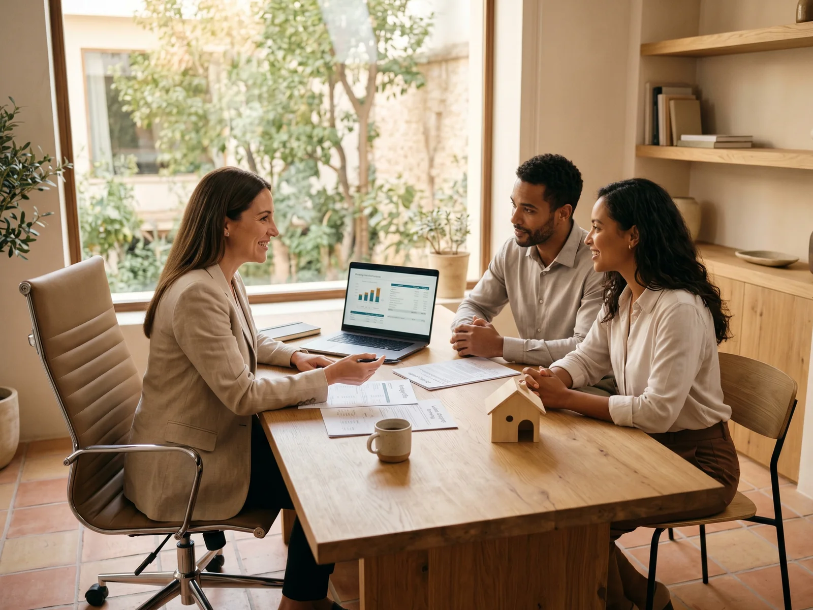 A SFERO finance advisor reviewing mortgage and financing figures with an international couple in a sunlit Valencia office