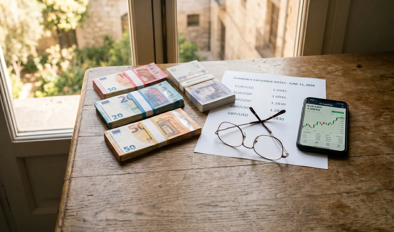 Euro and dollar banknotes beside a printed exchange-rate chart on a desk by a sunlit window