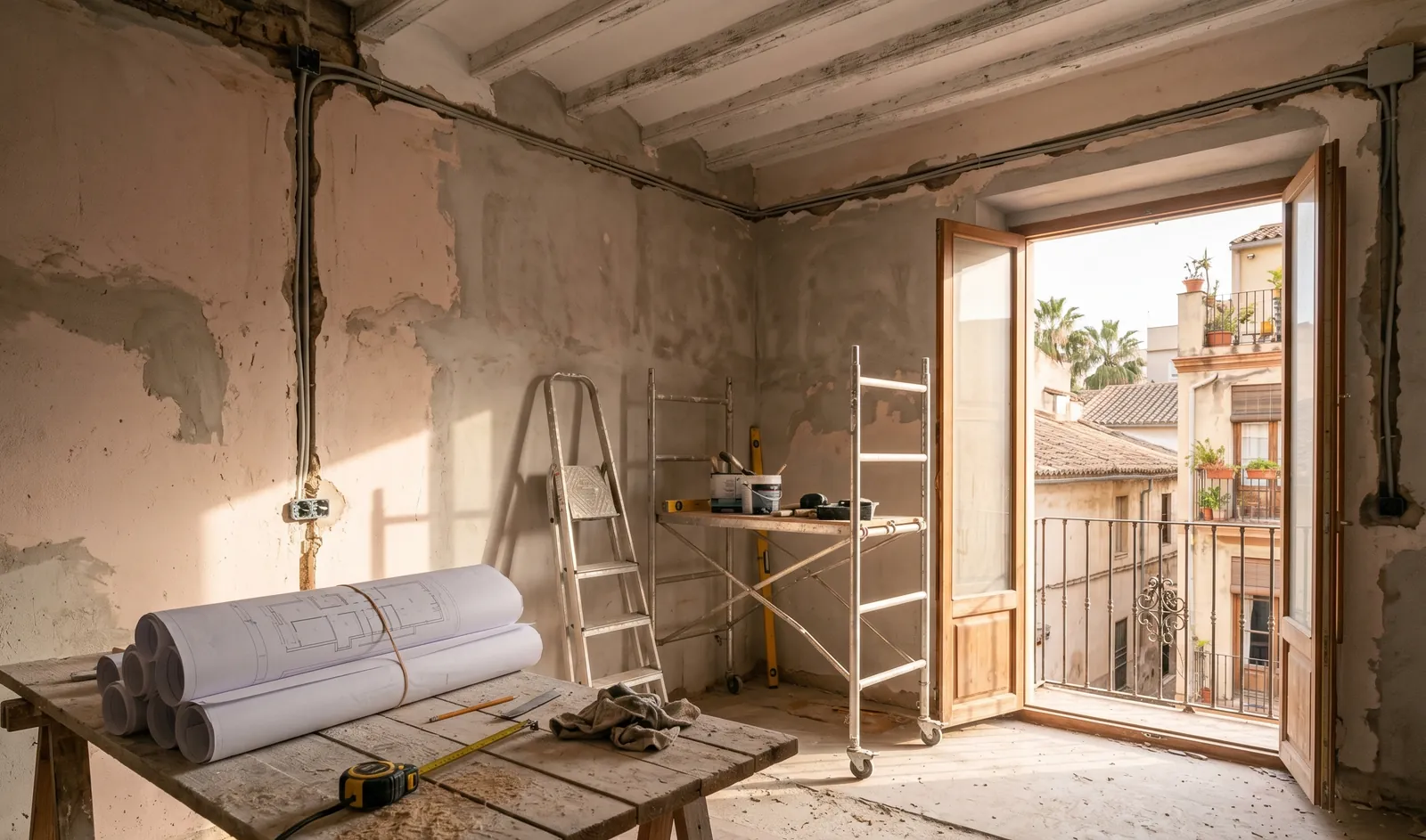 A half-renovated Valencian townhouse with scaffolding and architect's plans spread on a table