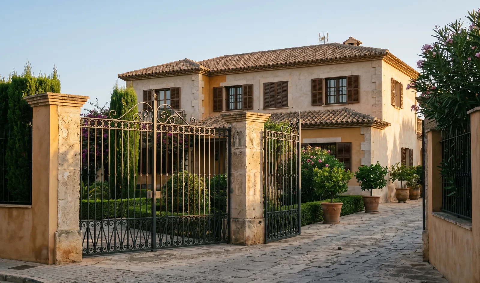 A protected Mediterranean villa behind closed gates under a calm clear sky, secure and serene