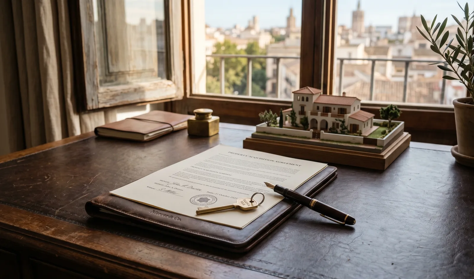 A private banking desk with a fountain pen, mortgage paperwork and a model of a Spanish villa in warm window light