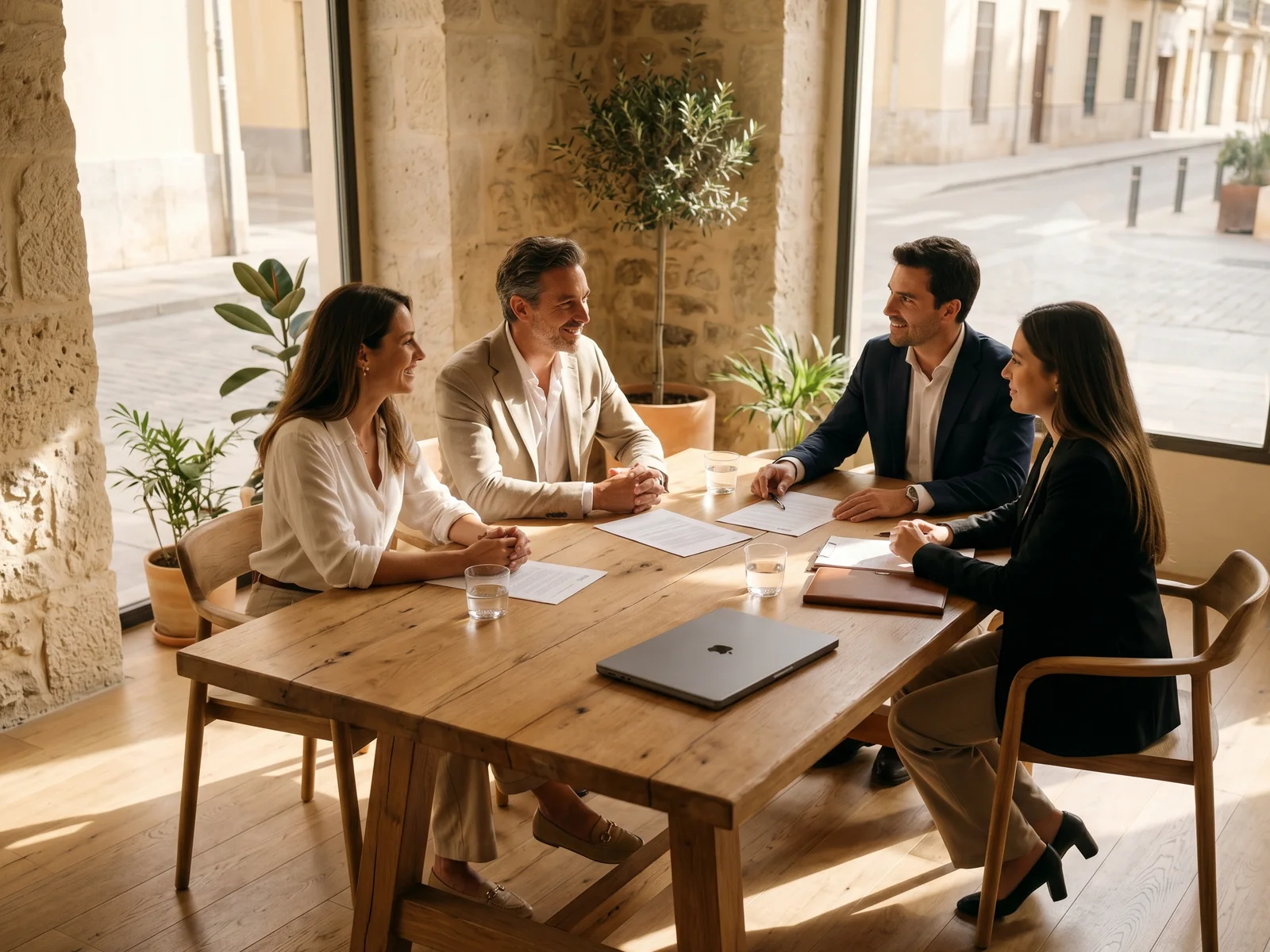 An international couple meeting around a sunlit table with their SFERO real-estate advisor and legal advisor, working together as one unified team