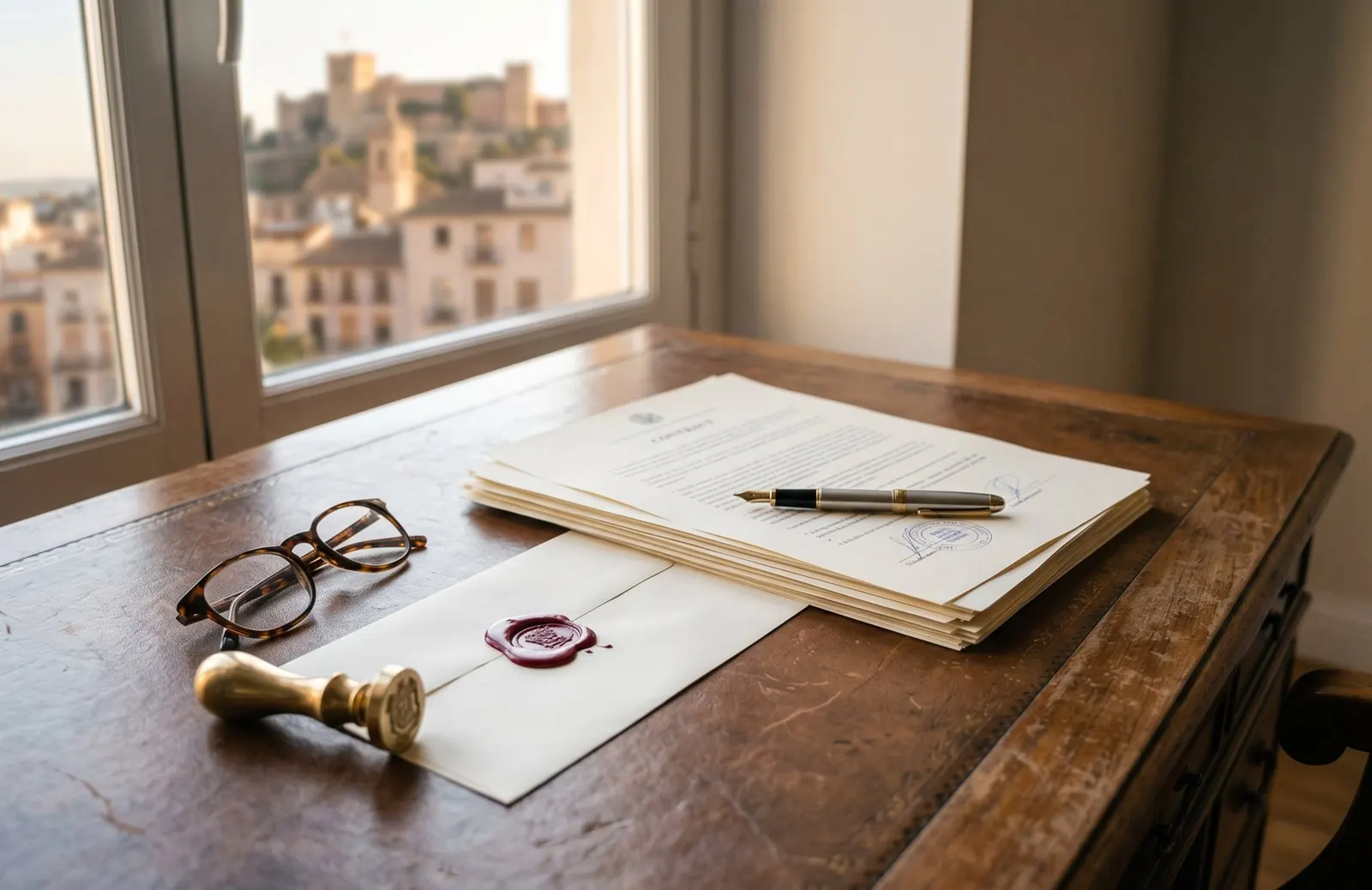 Formal legal documents with a fountain pen and a red wax seal on a leather-topped desk