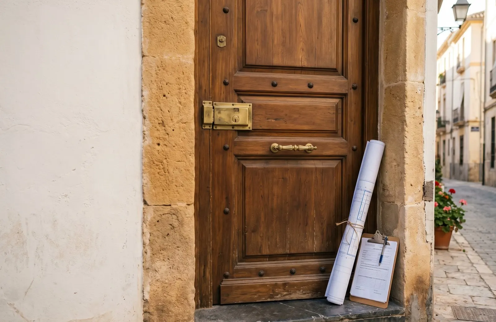 A secure Spanish townhouse door with a brass lock and an architectural blueprint propped against it