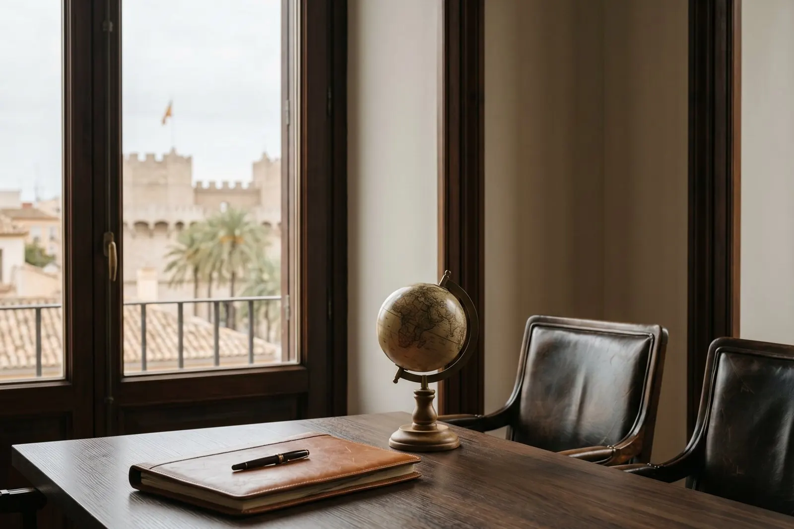 A walnut meeting-room table with a leather portfolio, fountain pen and an antique brass globe