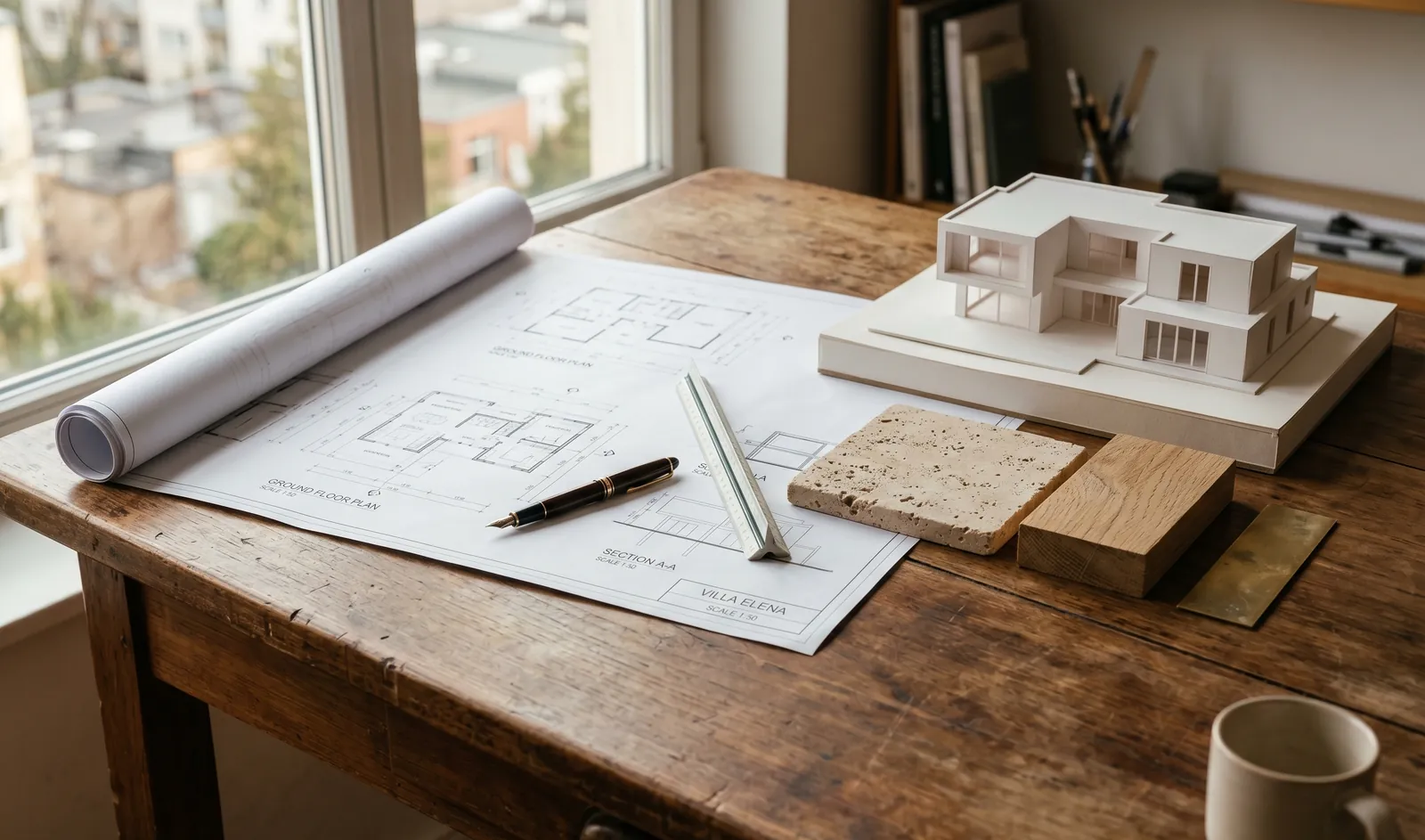 An architect's desk with blueprints, a scale model and material samples for a bespoke villa