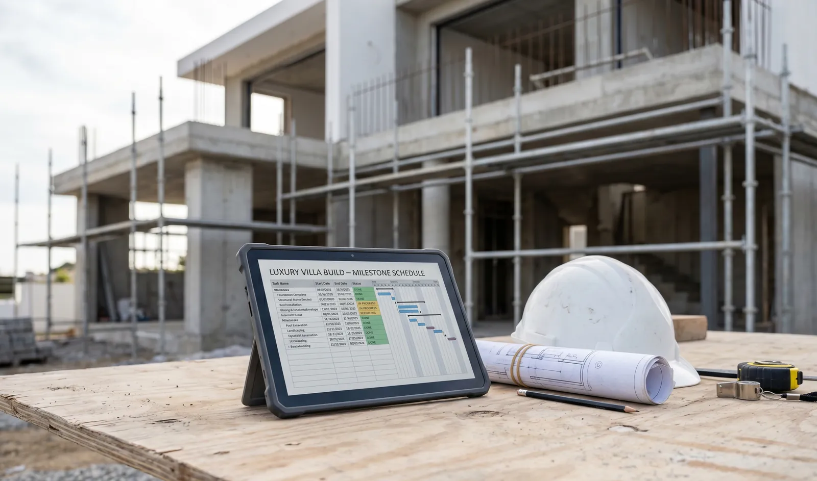 A site manager's tablet showing a milestone build schedule on a construction site, hard hat beside it