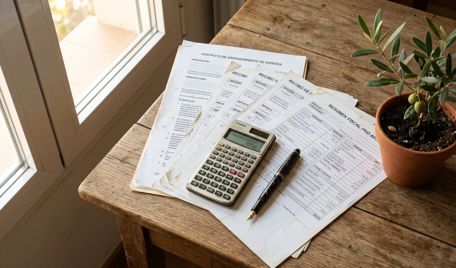 An organised desk with rent statements, a calculator and a Spanish LAU lease contract