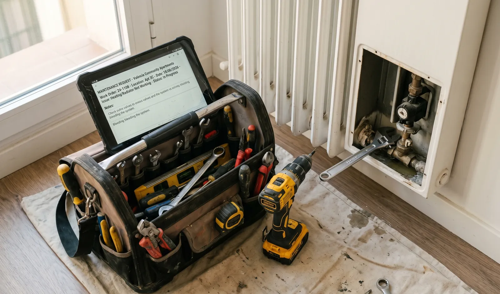 An in-house contractor's tools and a tablet showing a maintenance request inside a serviced apartment