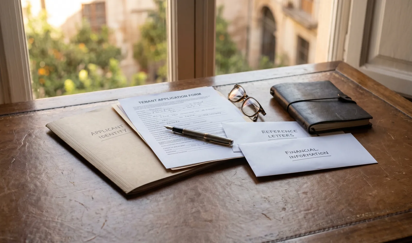 A desk with a tenant application, ID documents and reference letters under warm window light