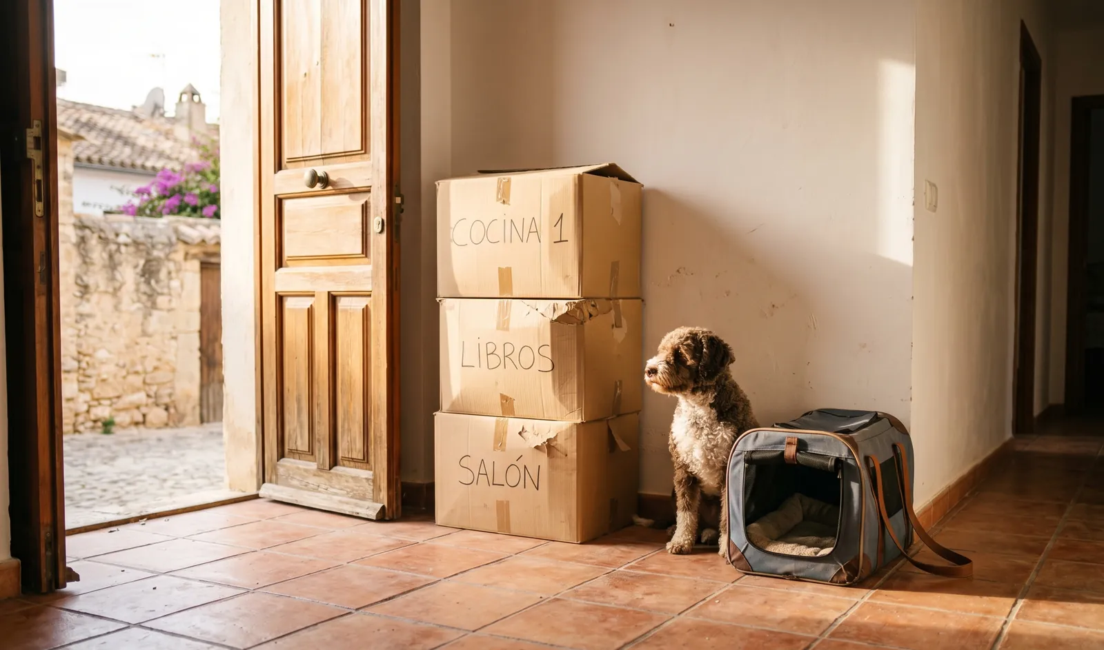 Moving boxes and a pet carrier in the sunlit hallway of a new Spanish home