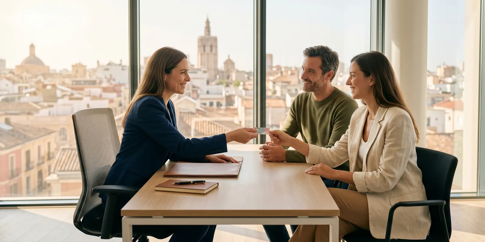 A SFERO legal advisor handing a new Spanish residency card (TIE) to a happy international couple in a sunlit Valencia office overlooking the city